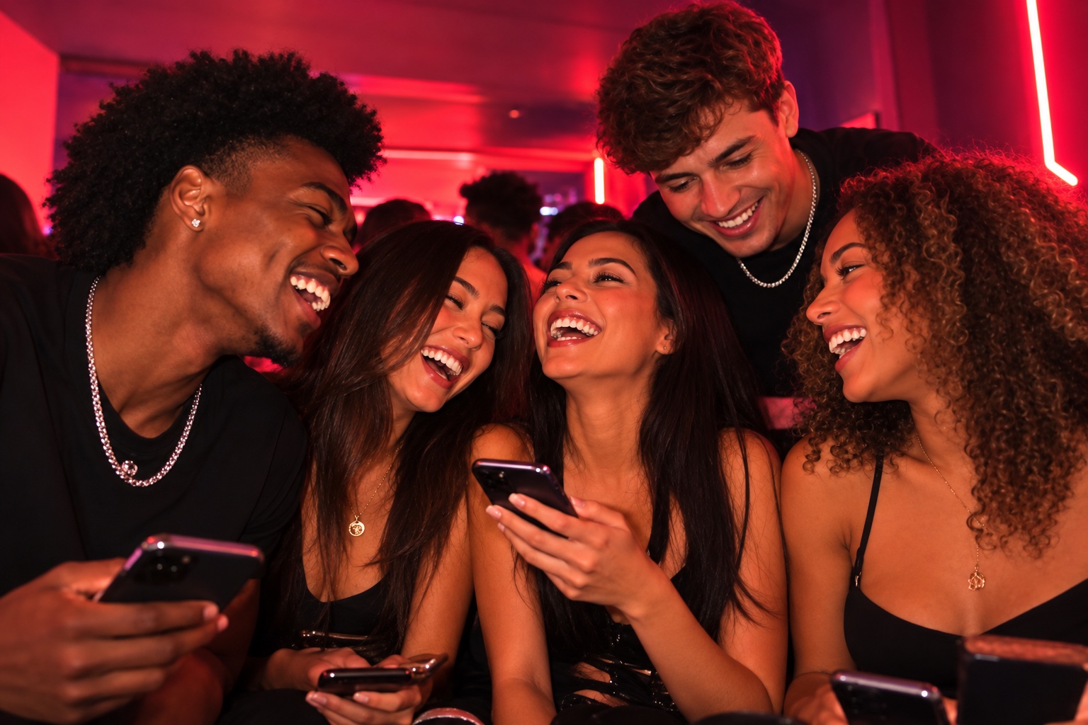 Friends laughing together while choosing songs on their phones
